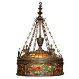 Fine Quality Tiffany Style Bronze and Stained Glass Chandelier