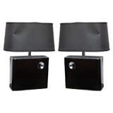 Pair of Modern Black Lacquer and Chrome Lamps