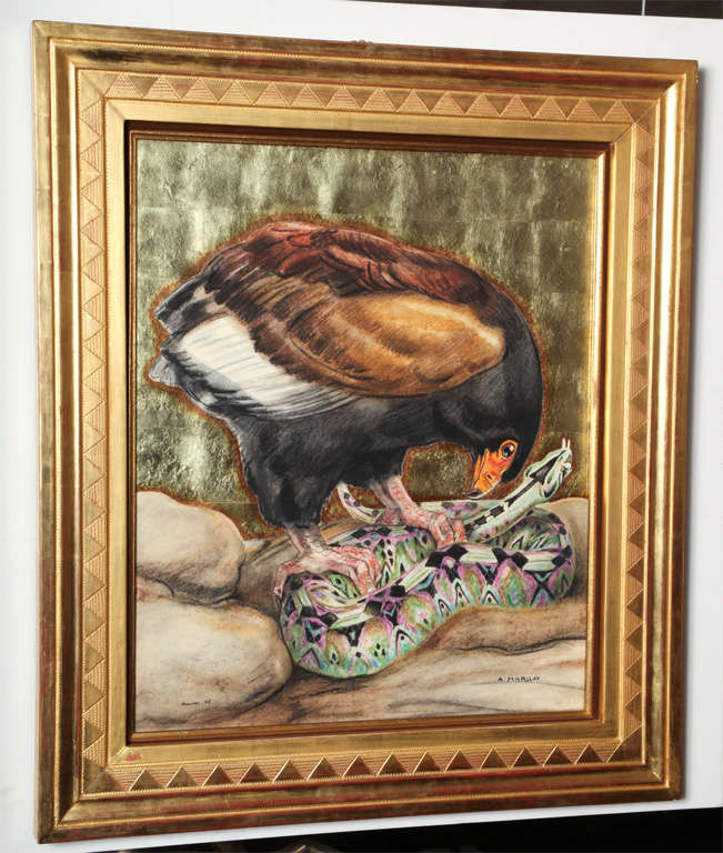 André Margat, (1903-1999).

Eagle and snake, 1956.

Pastel and gold-leaf on board. Measures: 25 5/8”x21 3/8 (framed: 33 1/3" x 29"). Signed and dated.