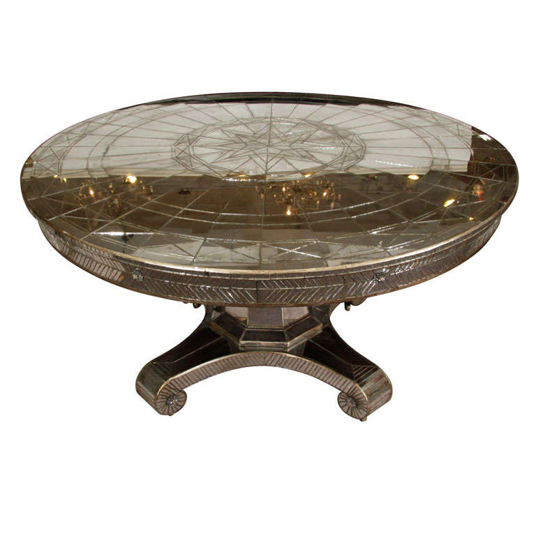 Vintage Round Mirrored Dining Table with Two Occasional Leafs