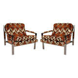 Pair of Milo Baughman Chairs In Original Orange & Brown Velvet