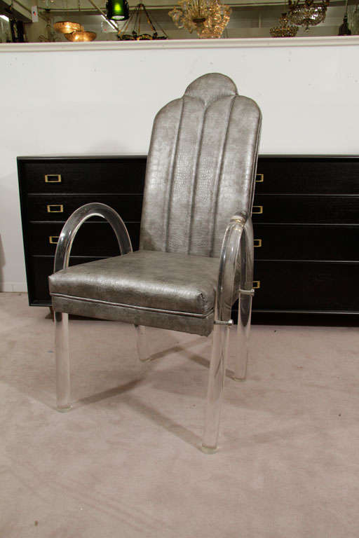 Faux Leather Four Charles Hollis Jones Style Lucite Dining Chairs in Faux Alligator Leather