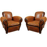 Pair of Art Deco Leather Club Chairs with Nailhead Detailing