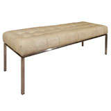 Mid Century Chrome & Creme Leather Bench w/ Button-Tuck Cushion