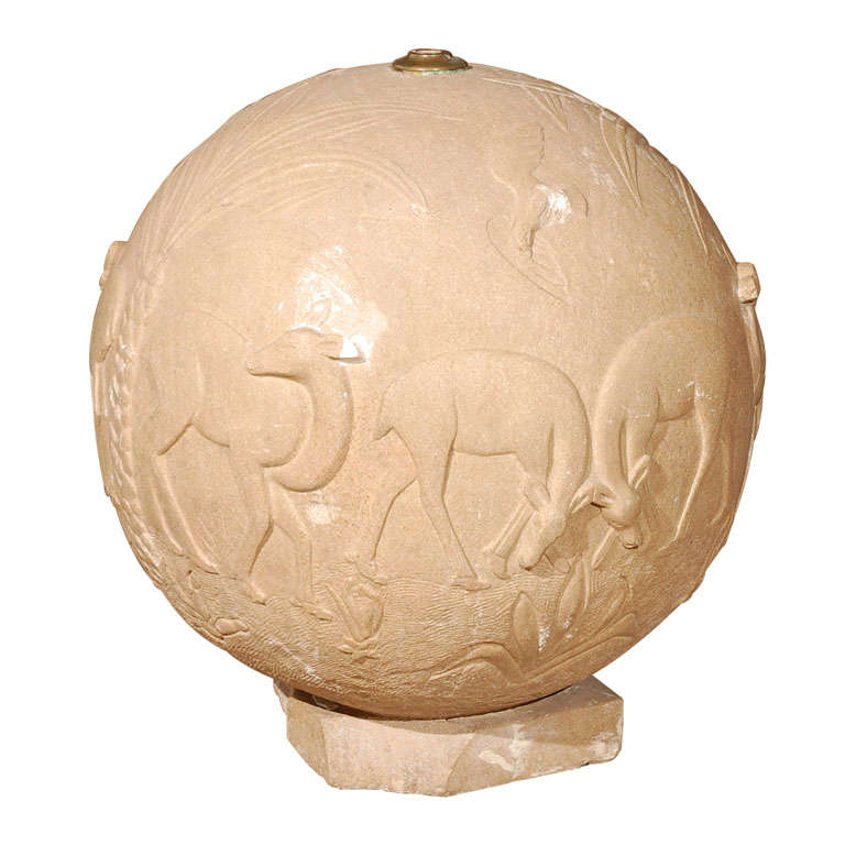 C.1930 French Carved Stone Relief Sphere For Sale