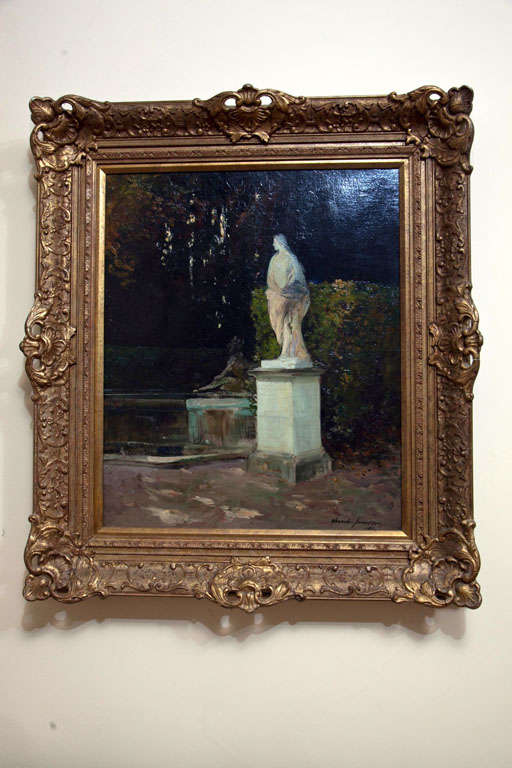 This is a sensational oil on canvas of the famous statue of Flora with the Uffizi Boar in the background located on the grounds of Versailles. Executed and signed by the well-known listed British artist, Alexander Jamieson, in the lower right corner
