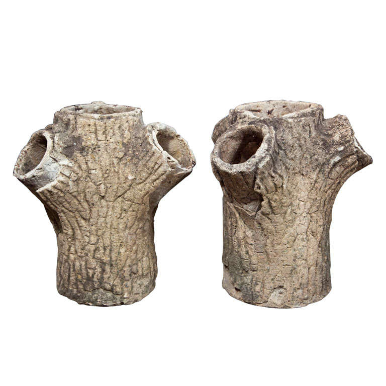 Authentic Pair of Faux Bois Tree Trunk Planters