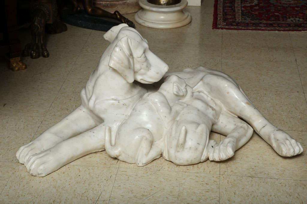Italian Carved marble group of a Dog with her Puppies