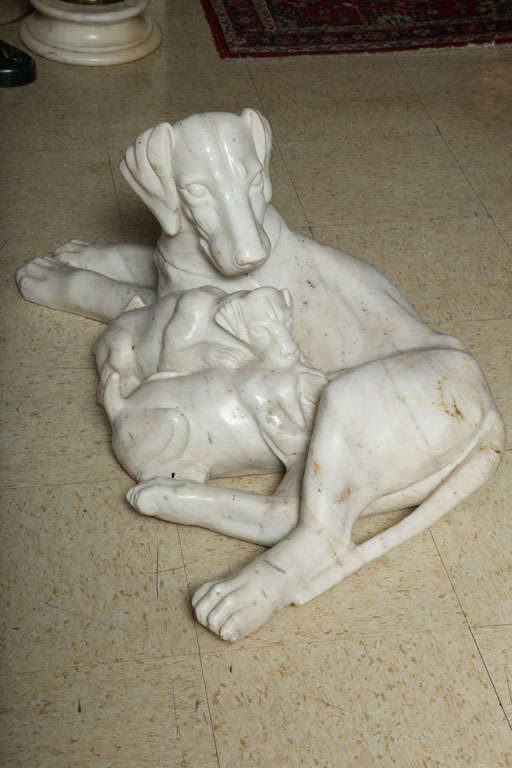 Marble Carved marble group of a Dog with her Puppies