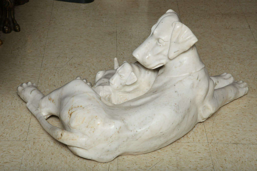 Carved marble group of a Dog with her Puppies 2