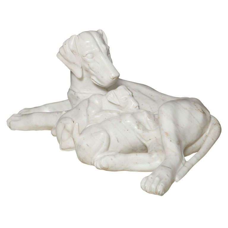 Carved marble group of a Dog with her Puppies