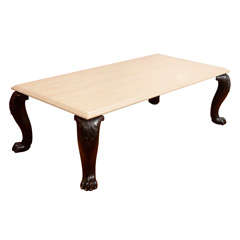 Low Table Made of Antique Anglo-Indian Legs and Travertine Top