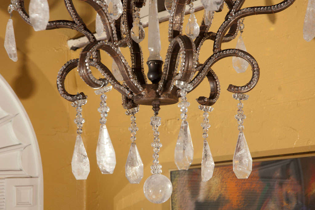 Mid-Century Modern 1980s Six-Light Iron and Rock Crystal Chandelier For Sale