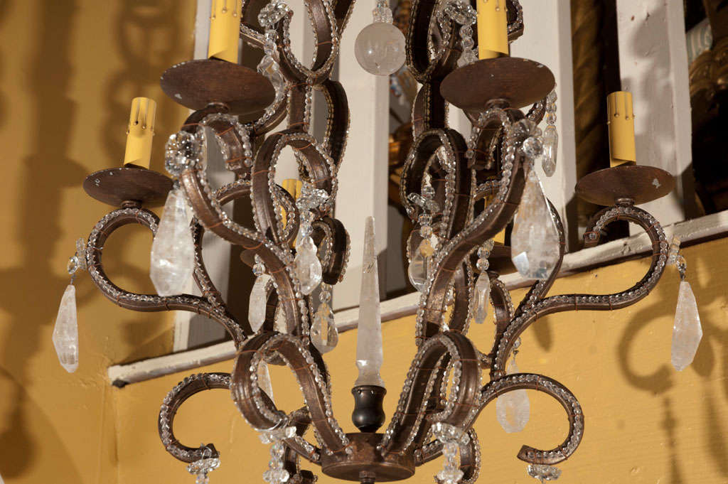 1980s Six-Light Iron and Rock Crystal Chandelier In Good Condition For Sale In Cathedral City, CA