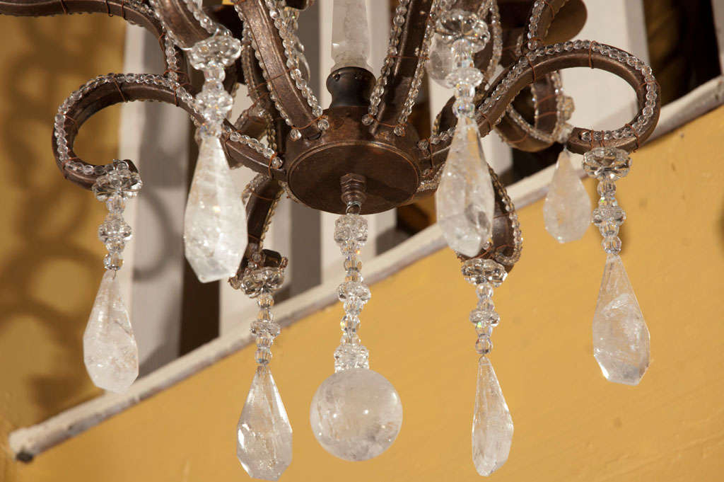 20th Century 1980s Six-Light Iron and Rock Crystal Chandelier For Sale