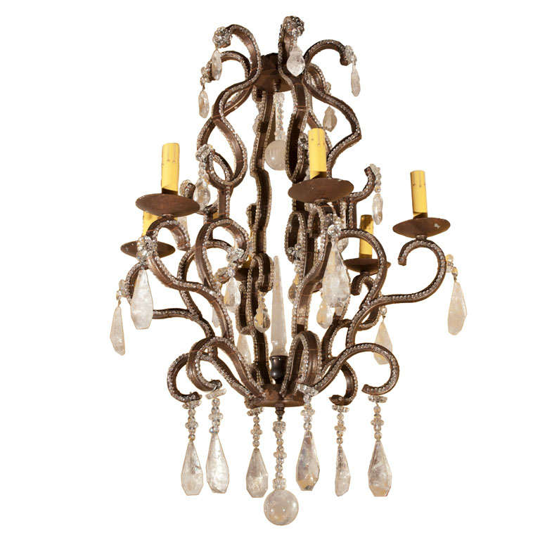 1980s Six-Light Iron and Rock Crystal Chandelier For Sale