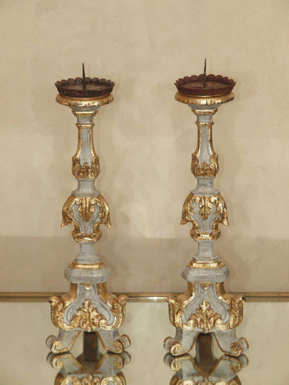 Pair of  19th C  Italian Candlesticks blue grey paint with gilt relief
