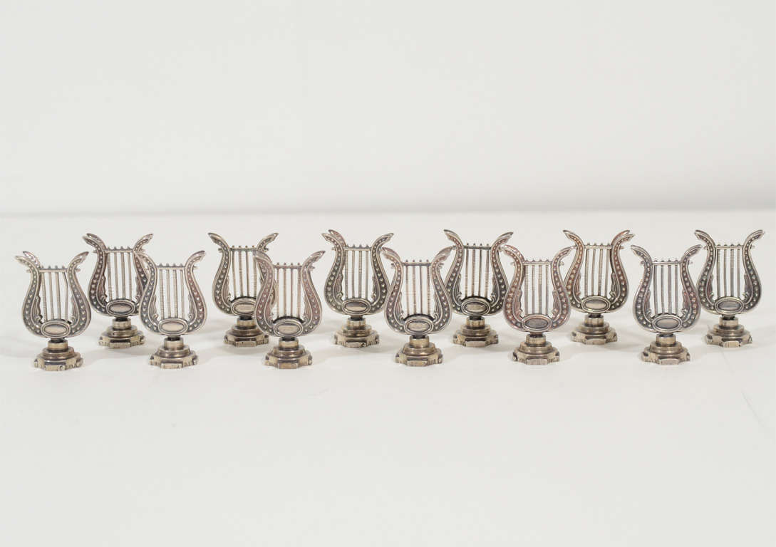 Set of 12 Sterling Silver Art Deco Lyrical Place Card Holders