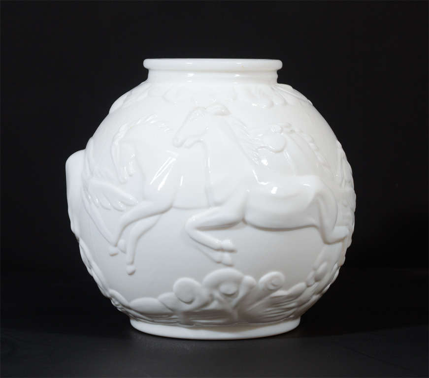 20th Century Art Deco White Glass Vase with Leaping Horses