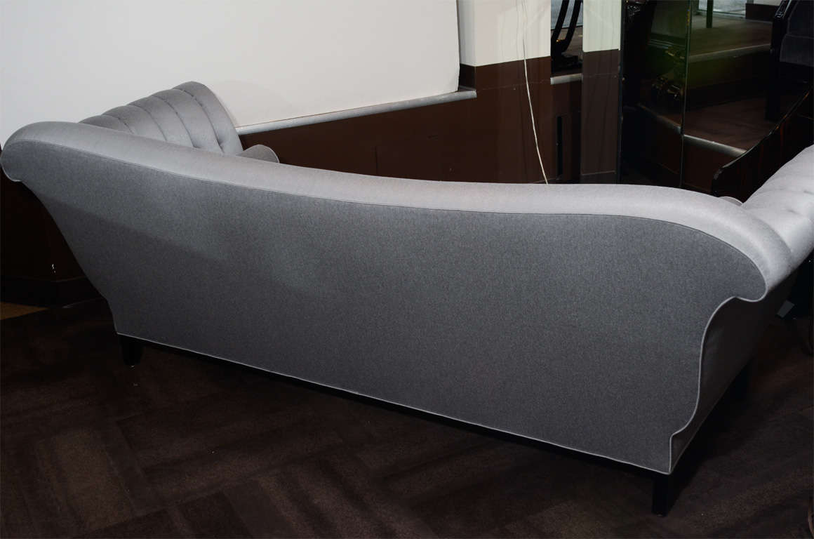 Ebonized 1940s Hollywood Art Deco Scroll Arm Sofa in Platinum Sharkskin