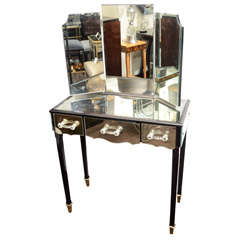 1940's Elegant Hollywood Smoked Mirrored and Walnut Vanity