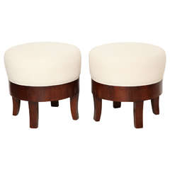 Pair of Round Upholstered Walnut Poufs, Italian, 1940s