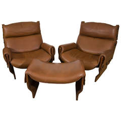 Vintage Osvaldo Borsani 'Canada' Two Lounge Chairs and Ottoman for Tecno