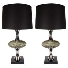 Ultra Chic Mid-Century Modernist Nickel Lamps with Smoked Ribbed Glass