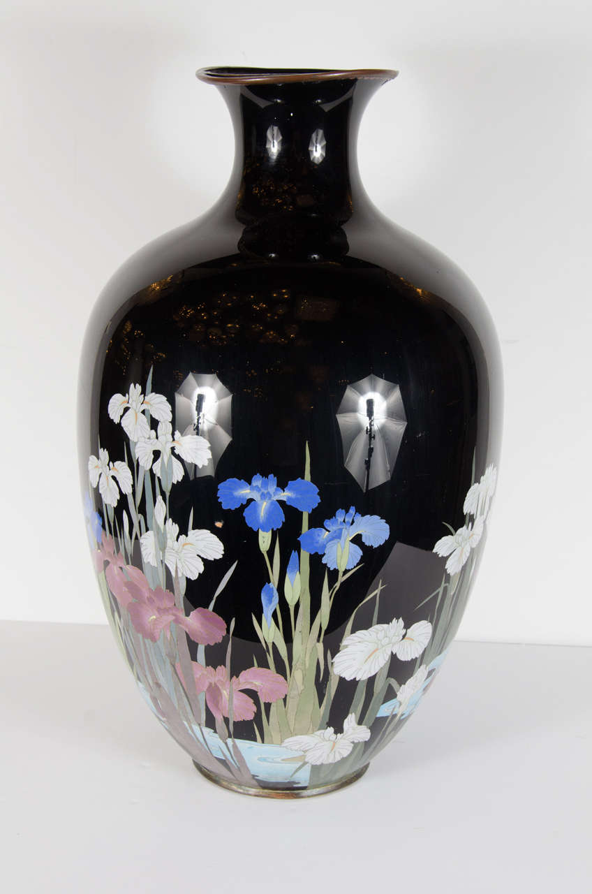Chinoiserie Exquisite Hand Enameled Chinese Vase of Iris in a Water lily Pond