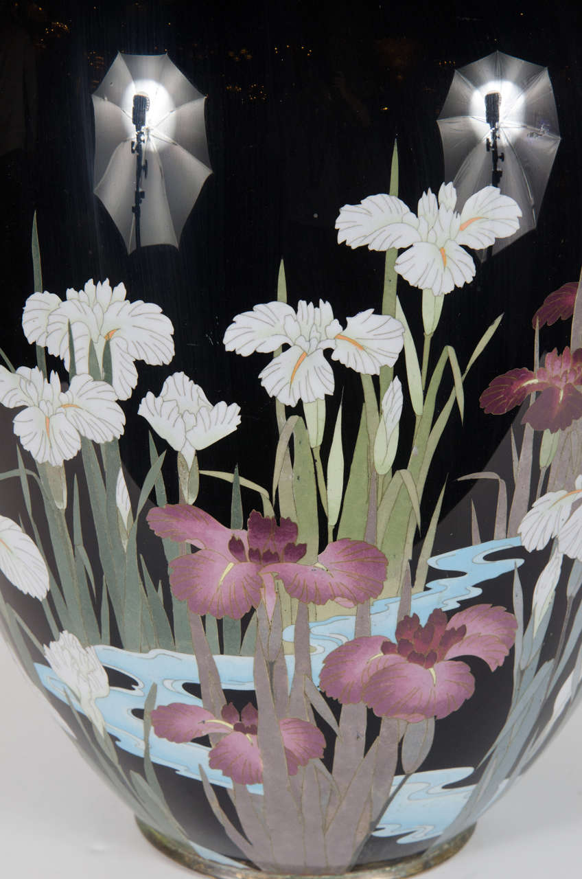 Exquisite Hand Enameled Chinese Vase of Iris in a Water lily Pond In Excellent Condition In New York, NY