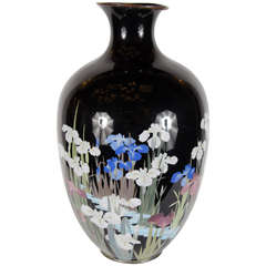 Vintage Exquisite Hand Enameled Chinese Vase of Iris in a Water lily Pond