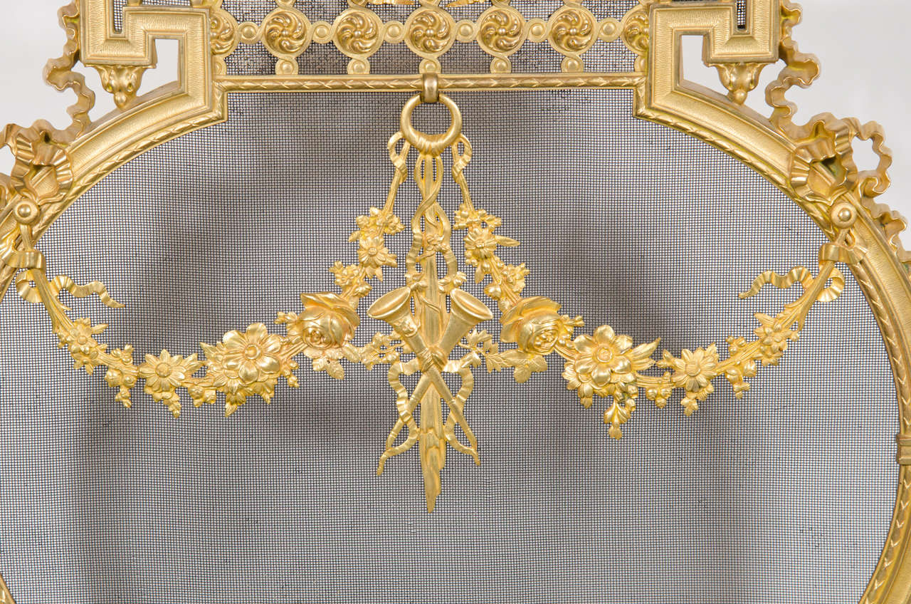 Belle Époque Exquisite French Dore Bronze Fire Screen With Garland and Greek key detailing