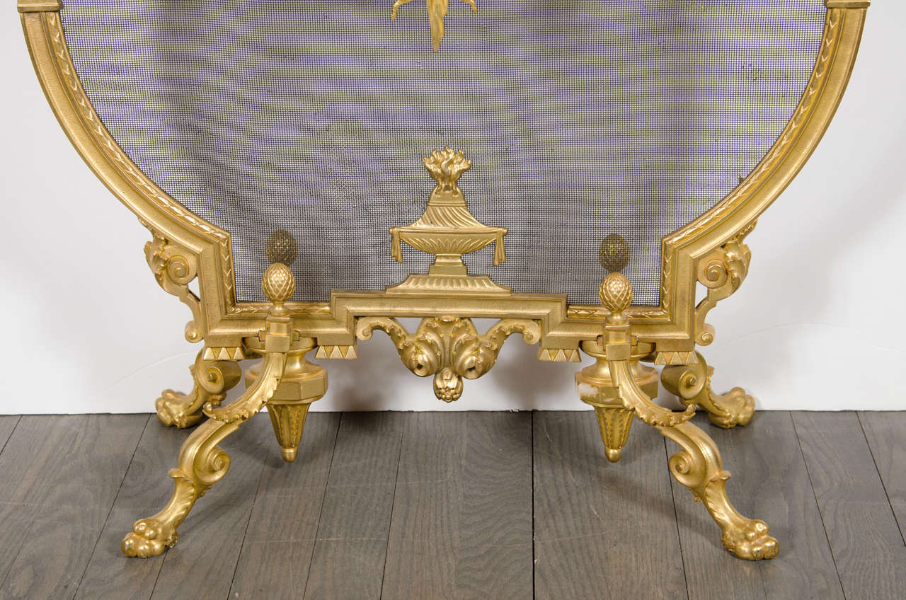 Exquisite French Dore Bronze Fire Screen With Garland and Greek key detailing 1