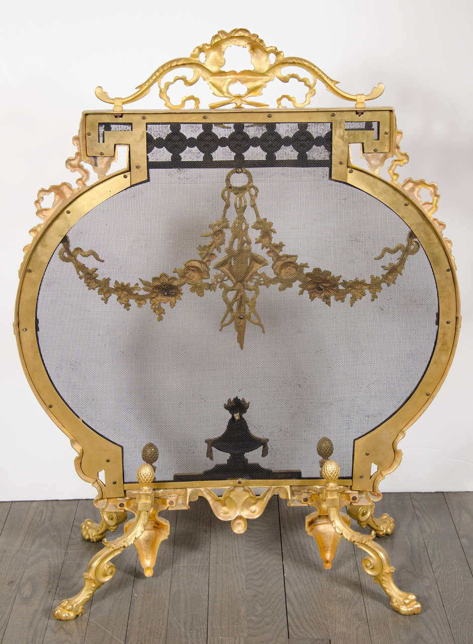 Exquisite French Dore Bronze Fire Screen With Garland and Greek key detailing 5