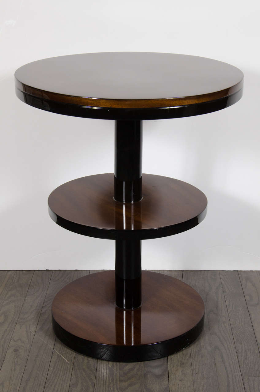 Art Deco Machine Age Three-Tier End Tables in Book- Matched Walnut & Lacquer