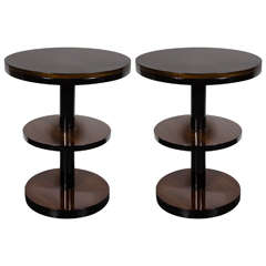 Art Deco Machine Age Three-Tier End Tables in Book- Matched Walnut & Lacquer