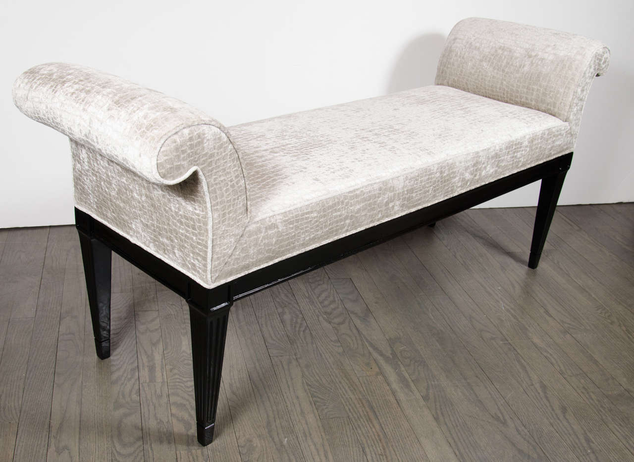 Mid-Century Modernist Scroll-Arm Design Bench in Gauffraged Velvet Upholstery