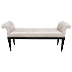 Mid-Century Modernist Scroll-Arm Design Bench in Gauffraged Velvet Upholstery