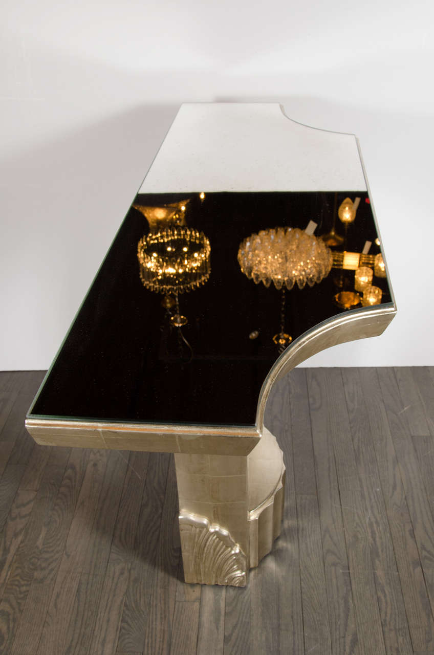 Hollywood Regency Console with White Gold Leafing and Antique Beveled Mirror Top 5