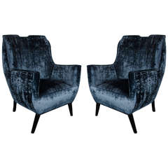 Pair of Mid-Century Modernist Club Chairs in Sapphire Velvet Upholstery