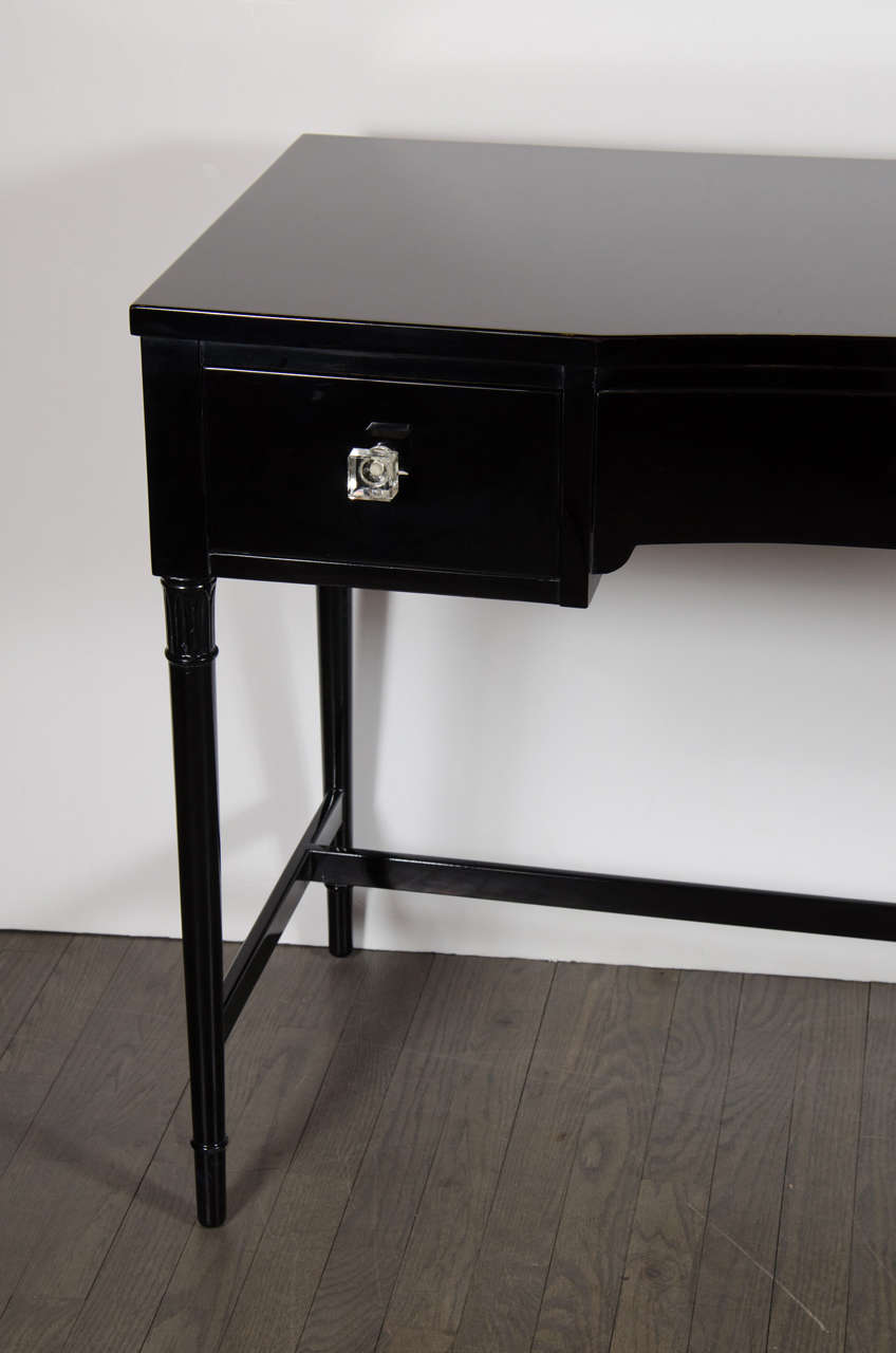 American Art Deco Black Lacquer Desk with Square Crystal Pulls by Grosfeld House