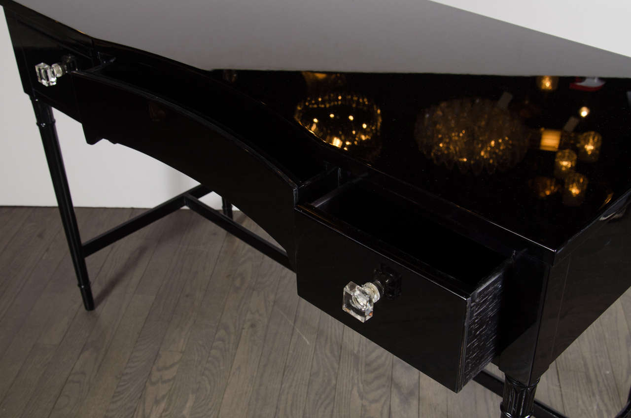 Mid-20th Century Art Deco Black Lacquer Desk with Square Crystal Pulls by Grosfeld House