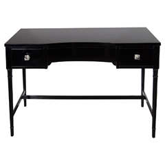 Vintage Art Deco Black Lacquer Desk with Square Crystal Pulls by Grosfeld House