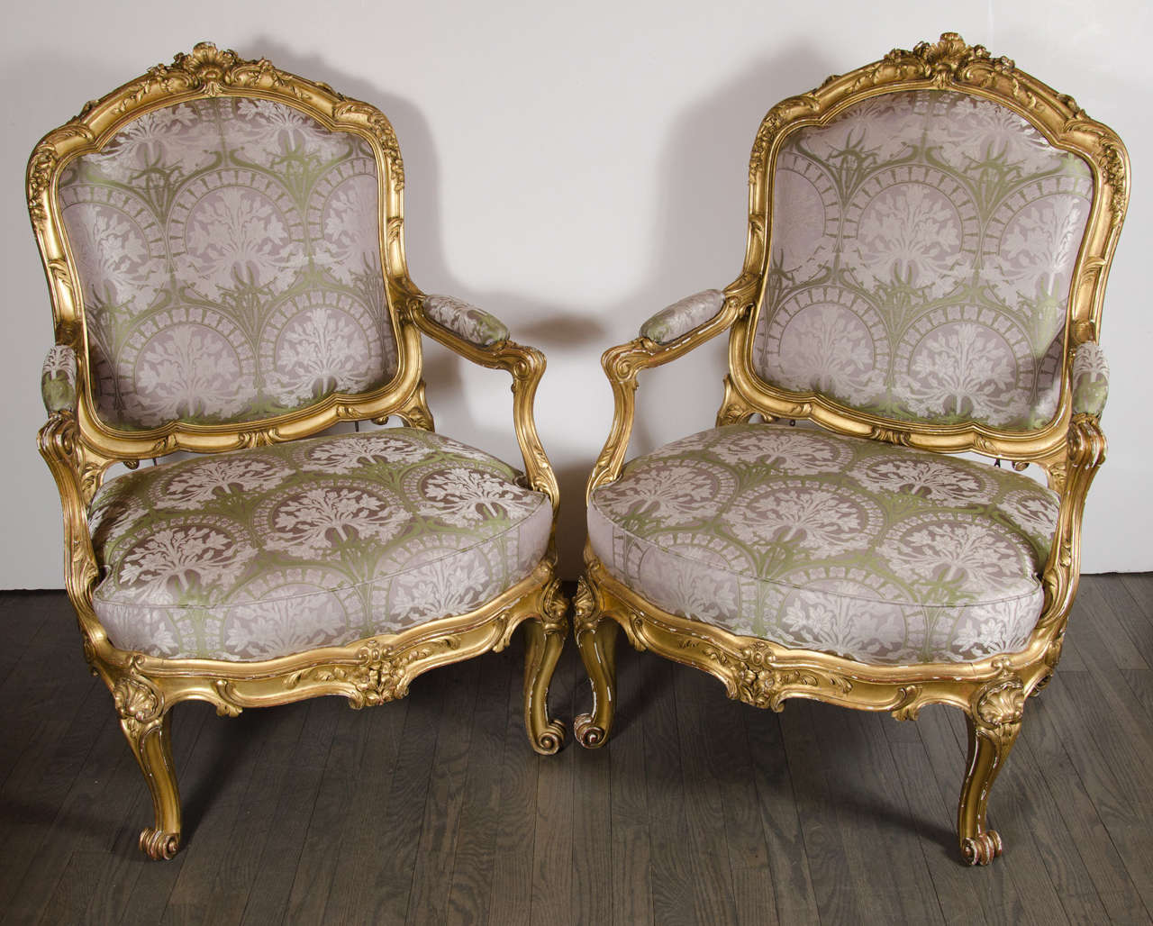 Louis XVI Pair of French Bergere Chairs and Ottoman in Gilded Wood and Satin Upholstery
