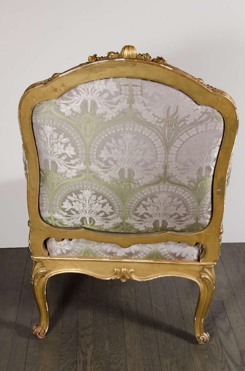 Pair of French Bergere Chairs and Ottoman in Gilded Wood and Satin Upholstery 1