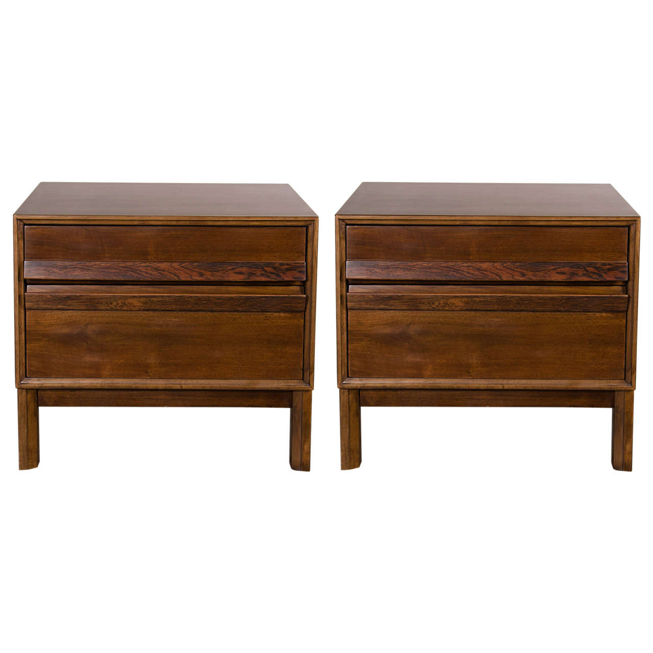 Pair of Mid-Century Modernist Night Stands or End Tables in Hand Rubbed Walnut