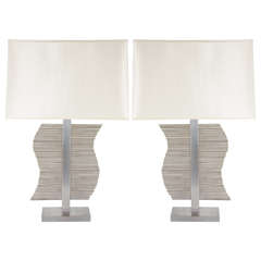 Pair of Mid-Century Modernist Table Lamps in Brushed Nickel with Fine Rods