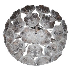 Mid-Century Flush Mount Chandelier in Chrome with Murano Glass Floral Shades