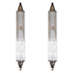 Pair of French Art Deco Skyscraper Style Sconces in Nickeled Bronze and Glass