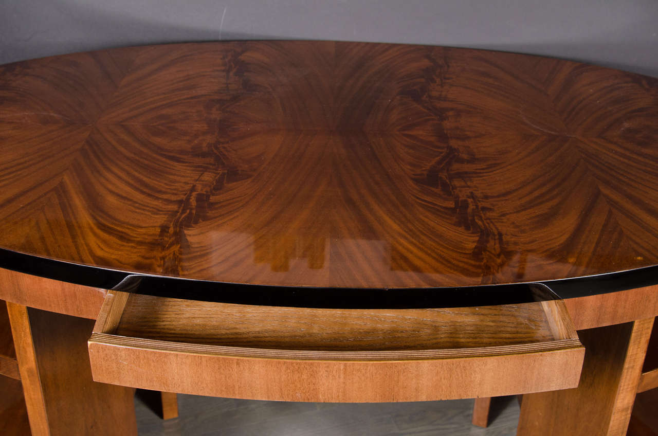 Streamline Art Deco Machine Age Oval Desk in Exotic Bookmatched Crotch Mahogany In Excellent Condition In New York, NY